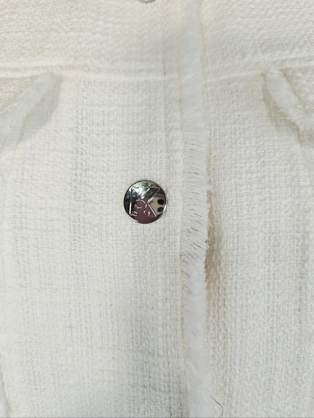 Karl Lagerfeld Paris White Tweed Fringe Jacket Collarless Snap Front Size 6